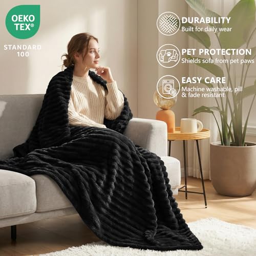 HIMEET Fleece Black Full Size Blanket for Bed - 300GSM Ribbed Soft Cozy Bedding Blanket, New Home Birthday Gifts for Women Men Teens, College Dorm Essentials Bedroom Decor Throws, 84x90 Inches - color: Black, size: Full (84" x 90")
