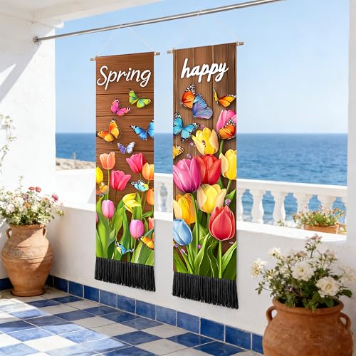 seewan 2 Pack Long Vertical Wall Tapestry, Boho Nature Landscape & Floral Aesthetic Wall Hanging for Bedroom Living Room Home Decor, Long Narrow Art Tapestry with Sunrise Mountain Botanical Designs, 13" × 51" (Spring Tulip Meadow, 13"Wx51"H, Unframed) - c