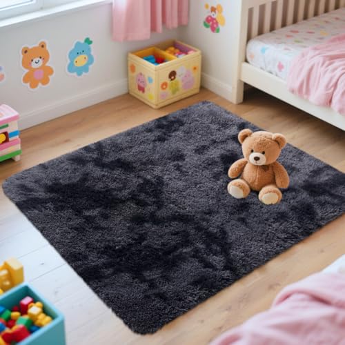 OLANLY Area Rugs for Living Room Bedroom, Machine Washable 2x3 Feet Soft Fluffy Shaggy Bedside Rug, Indoor Floor Carpet for Kids Girls and Boys, Nursery Room, Home Decor Aesthetic, Deep Grey Tie-dye - color: Deep Grey Tie-dye, size: 2x3 Feet