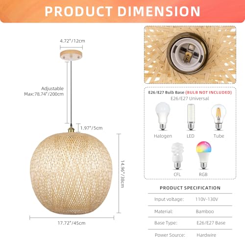 Arturesthome 1 Light Round Bamboo Pendant Lights, Wicker Chandelier Hand-Woven Boho Basket Lampshade Hanging Ceiling Light for Kitchen Island Living Room - size: 17.68″W x 14.9″H