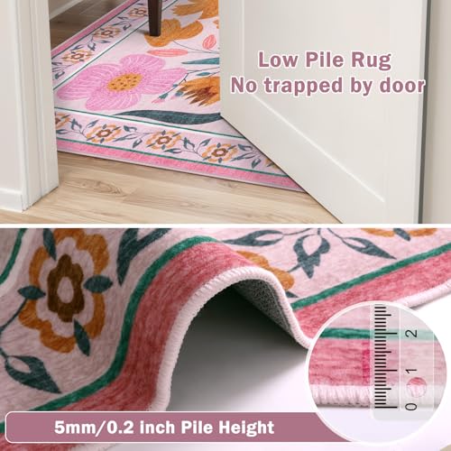 Beeiva Pink Flower 5x7 Rugs for Bedroom Girls, Nursery Rug for Dorm Carpet with Low-Pile Non Slip, Soft Floral Indoor Ultra-Thin Carpet for Classroom Living Dining Room Décor (Pink,5'x7') - color: Pink, size: 5' x 7' (Rectangular)