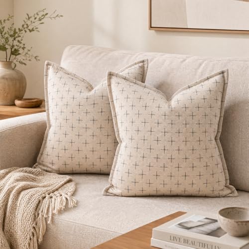 AVOIN colorlife Pack of 2 Decorative Throw Pillow Covers 18x18 Inch, Flange Edges Woven Textured Cushion Case Home Decor for Couch Sofa Bed Living Room Beige - color: Beige, size: 18" x 18" (Pack of 2)