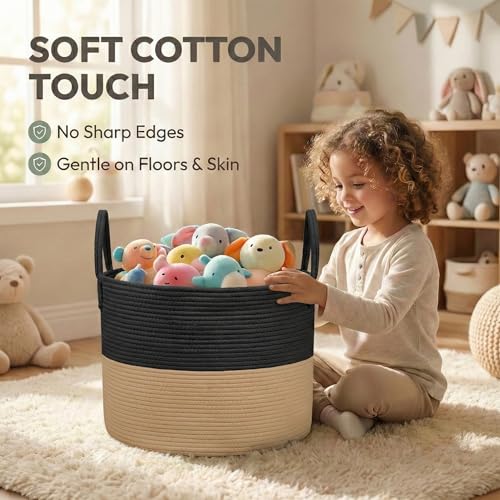 JMvicyroam 65L Extra Large Blanket Basket for Living Room - Woven Cotton Rope Laundry Hamper with Reinforced Handles - Storage Bin for Pillows, Comforters & Toys - Machine Washable,Black&Jute - color: Black&Jute, size: 65L