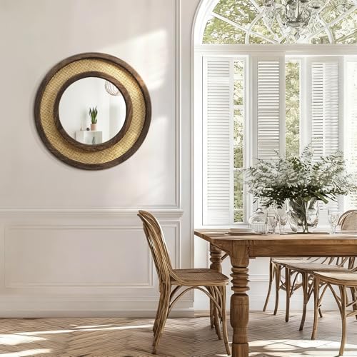 JJUUYOU Round Mirror with Wood Frame Circle Mirrors for Wall 20 Inch Circular Hanging Mirrors for Living Room Bathroom Vanity Entryway Hallway Dark Brown - color: Round Mirror-dark Brown, size: 20"L x 20"W