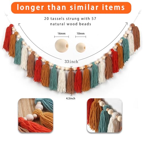 GIAUMA Burnt Orange Boho Yarn Tassel Garland with Wood Beads Earth Tone Wall Hanging Tassels Bunting Banner Nursery Decor for Classroom Baby Shower Birthday Kids Room Dorm Bedroom Decorations - color: Orange