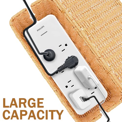 2PCS Cable Management Box, Handmade Rattan Cable Organizer, Open Slots Cords Hider Box Cord Basket Under Desk Cord Organizer for Computer Router USB Hub & Power Strip - size: 13.0" (L) x 5.5" (W) x 5.1" (H) - 2 Pack