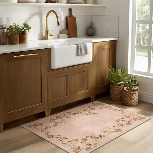 2x3 Washable Small Rugs for Entryway: Door Mat Indoor Entrance Stain Resistant Non Slip Rubber Backed Low Pile Soft Throw Area Rugs for Bedroom Kitchen Front Door Indoor Entrance Foyer Entry - color: Edge Floral Pink, size: 2' x 3' (Rectangular)