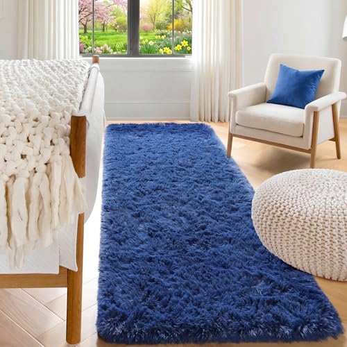 ONASAR Navy Blue Runner Rugs for Bedroom Living Room, Fluffy 2x6 Bedside Hallway Area Rug, Ultra Soft Plush Furry Faux Fur Non Slip Floor Carpet for Nursery Kids Dorm Closet Home Decor - color: Navy Blue, size: 2' x 6' (Runner)