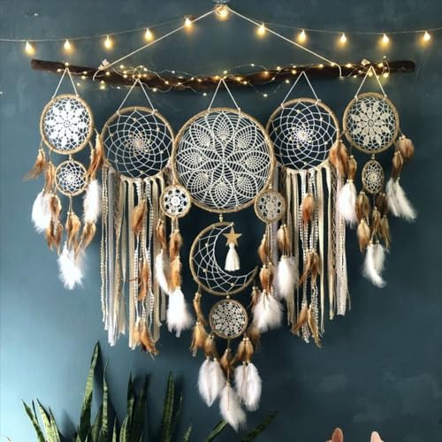 Set of 5 Boho Large Moon Dream Catcher Wall Hanging, Camel | Vintage Wedding Decor, Home Decorations, Wall Decor - color: Camel