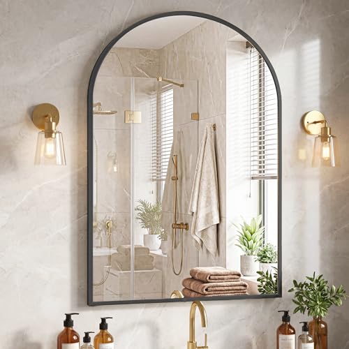 NEWBULIG 26" x 38" Arched Bathroom Mirror for Over Sink Vanity, Modern Wall Mirrors Arch Decorative for Bathroom, Entryway, Living Room, Bedroom, Vanity, Black - color: Black, size: 39"L x 26"W