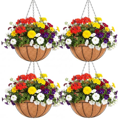 EIMQUVW Outdoor Metal Hanging Planters Basket (4pack, 16 inch) Hanging Baskets for Plants Chain Round Wire Plant Holder with Coco Fiber Liners for Garden, Patio, Deck, Porch - size: 16 Inch