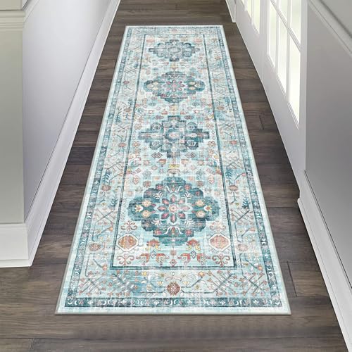 Pauwer Boho Hallway Runner Rug 2x6 Washable Entryway Area Rugs Non Slip Farmhouse Vintage Floor Mat Carpet Runner for Hallways Laundry Room Kitchen Bathroom Bedroom - color: Vintage Distressed Blue, size: 2' x 6' (Runner)