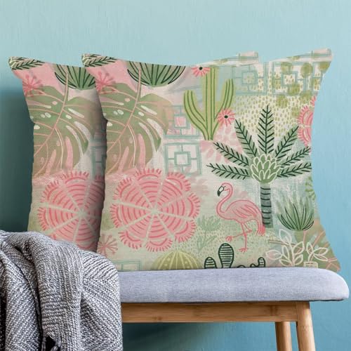 Boho Pink Green Floral Pillow Covers 18x18 Set of 2, Colorful Neutral Outdoor Decorative Botanical Flowers Tropical Leaves Throw Pillows Retro Flower Couch Cushion Case for Chair Sofa Bedroom - color: Vc11, size: 18" x 18" (Pack of 2)