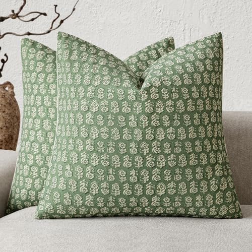 Foindtower Set of 2 Decorative Neutral Floral Print Throw Pillow Covers Vintage Accent Farmhouse Cushion Covers Boho Home Decor For Sofa Chair Couch Bedroom Living Room Outdoor,18×18 Inch,Forest Green - color: Forest Green, size: 18" x 18" (Pack of 2)