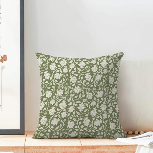 Sage Green Floral Throw Pillow Covers 18x18 Set of 2, Neutral Vintage Decorative Pillow Cover Flower Print Linen Outdoor Cushion Cover Floral Pillowcase for Sofa Couch Farmhouse Room - color: Floral Green, size: 18" x 18" (Pack of 2)