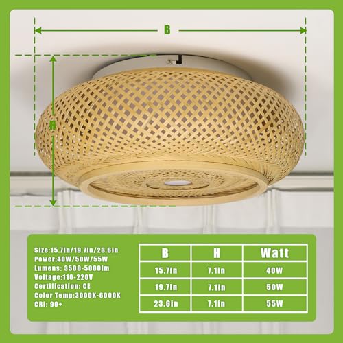 19.7 in Bamboo Woven Rattan-Style Ceiling Light, Boho Ceiling Light Fixture with Remote, LED Dimmable Ceiling Light, Boho Light Fixture for Bedroom Living Room Dining Room Light - size: 19.7in