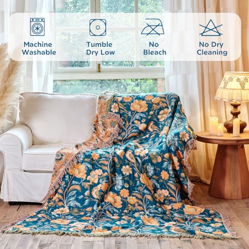 Boho Throw Blanket 60"x80" 100% Cotton Floral Twin Size Bed Blanket with Flower Bird,Reversible Soft Breathable Lightweight Spring Decorative Blankets with Fringe for Couch Sofa All Season - color: Navy Blue, size: 60''x80''