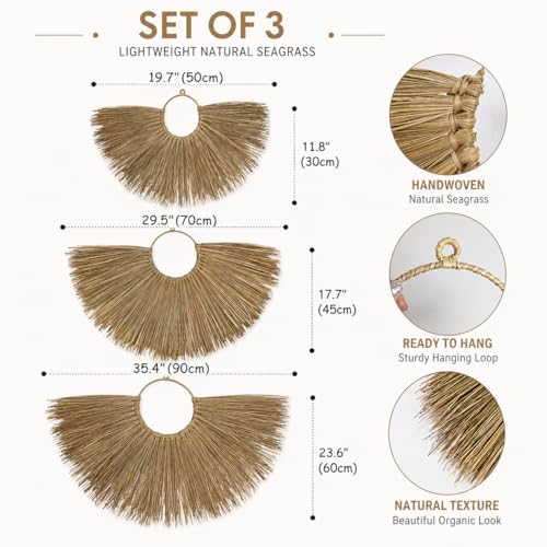 PEMAR Set of 3 Woven Seagrass Fan Wall Decor - Large Boho Raffia Jute Wall Hanging Hanging Decor for Living Room Bedroom, Handmade Rustic African Fan Wooden Wall Art, Unique Housewarming Gift (XL: 35.4" D, L: 27.6" D, M: 19.7" D)