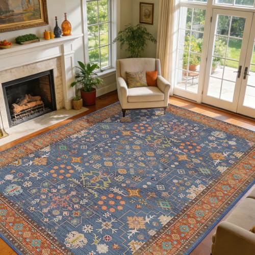 Area Rug for Living Room 9x12, Vintage Washable Non-Slip Backing Stain Resistant Area Rugs for Bedroom Kitchen Dining Room Farmhouse Nursery Home Office (Indigo Terracotta) - color: Indigo Terracotta, size: 9' x 12' (Rectangular)