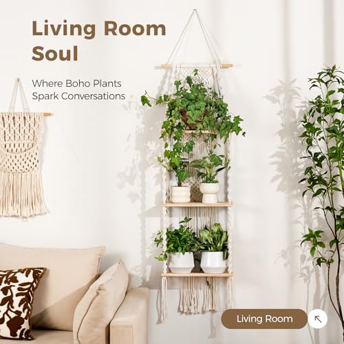 Bamworld Plant Wall Shelf Boho Plant Stand Window Plant Shelf 3 Tier Macrame Plant Hangers Boho Room Decor Hanging Shelf for Bedroom, Living Room, Balcony - size: 3Tier