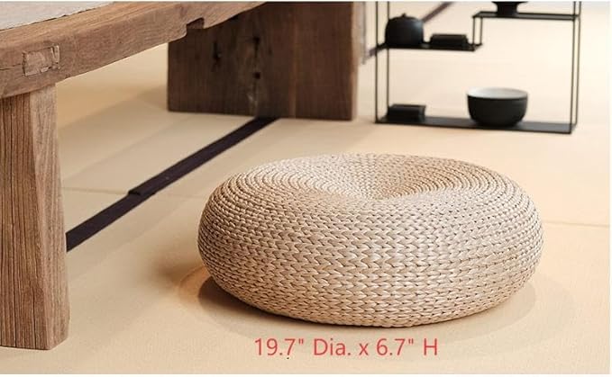 Straw Flat Seat Cushion, Handmade Floor Pouf Mat, Ottoman Footstool for Meditation, Zen, Yoga Practice or Buddha (19.7" Dia. x 6.7" H)