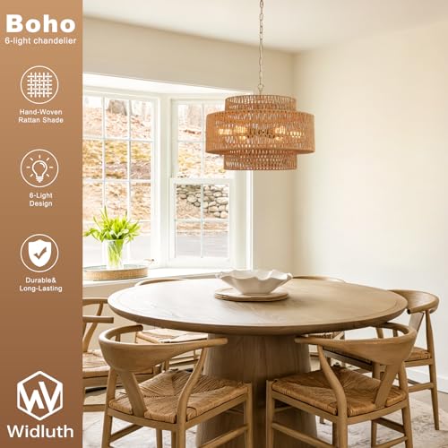 23.6" Gold Rattan Chandelier, 6-Light Hand-Woven Wicker Drum Chandelier, 3-Tier Boho Farmhouse Light Fixture for Dining Room,Kitchen Island,Living Room,Bedroom - color: gold 23.6"