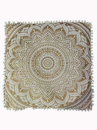 Gold Mandala Barmeri Large Floor Pillow Cover Cushion Meditation Seating Ottoman Throw Cover Hippie Decorative Zipped Bohemian Pouf Ottoman Poufs, Pom Pom Pillow Cases (White Gold, 24" Square) - color: White Gold, size: 24"D x 24"W x 24"H