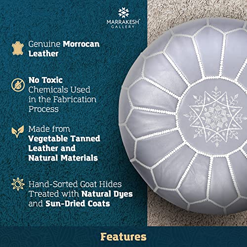 Marrakesh Gallery Genuine Leather Round Pouf Unstuffed - Moroccan Ottoman Footstool, Footrest Cover - Boho Decor - Bohemian Living Room, Bedroom, Kids Room, Gift & Wedding - color: Grey