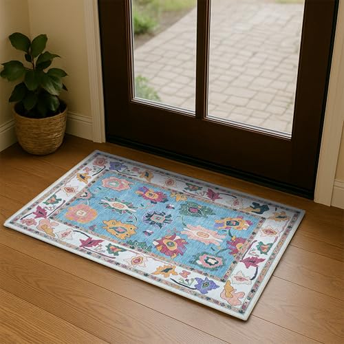 Fame Living Colorful Oushak Rug, Modern Small Rugs, Vintage, Turkish, Eclectic, Floral, Pastel, Washable, Door Mat, Doormat for Indoor Entrance, Entryway, Kitchen, Bathroom, Bedroom, Laundry, 2'x3' - color: Navy Cream, size: 2' x 3' (Rectangular)