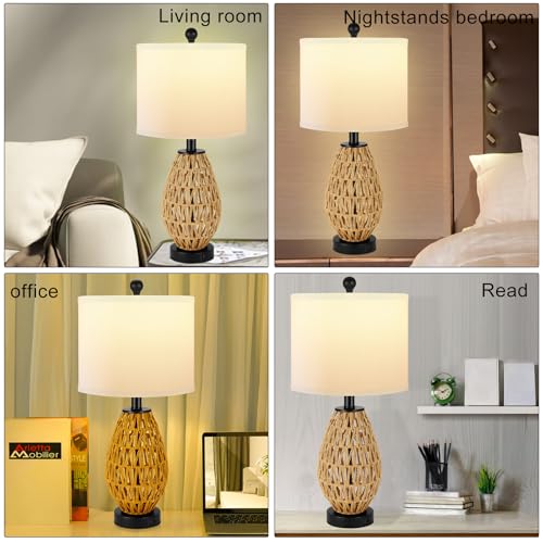 Coastal Table Lamps Set of 2, Retro Rattan Woven 24" Bedside Lamp, for Bedroom Living Room Home Nightstand Table Lamp(with USB C+A 5V 2.1A Charging Ports)