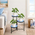 3 Tier Mosaic Ceramic Top Plant Stand, Foldable Wrought Iron Flower Pot Holder, No Assembly Required Space Saving Plant Shelf for Indoor Outdoor Patio Garden Balcony Decor