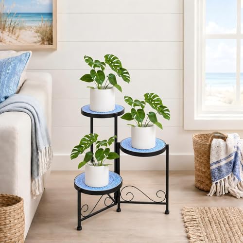 3 Tier Mosaic Ceramic Top Plant Stand, Foldable Wrought Iron Flower Pot Holder, No Assembly Required Space Saving Plant Shelf for Indoor Outdoor Patio Garden Balcony Decor
