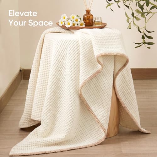Snuggle Sac Ultra Soft Waffle Throw Blanket for Couch Bed Sofa 50x60 inches, Reversible Cream Blanket Microfiber Fluffy Fuzzy Cozy Knit Throws for Women Mothers Birthday Gifts - color: Waffle Cream, size: Throw(50"x60")