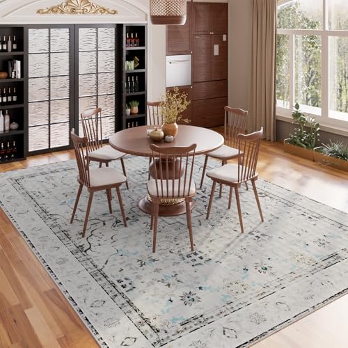 AMTOVO Area Rugs 5'x7' Washable Non-Slip, Vintage Boho Distressed Print Pattern Rugs for Living Room, Soft Low Pile Carpet for Bedroom Indoor Playroom Nursery Farmhouse Dining Room, Light Grey - color: Light Grey, size: 5' x 7' (Rectangular)