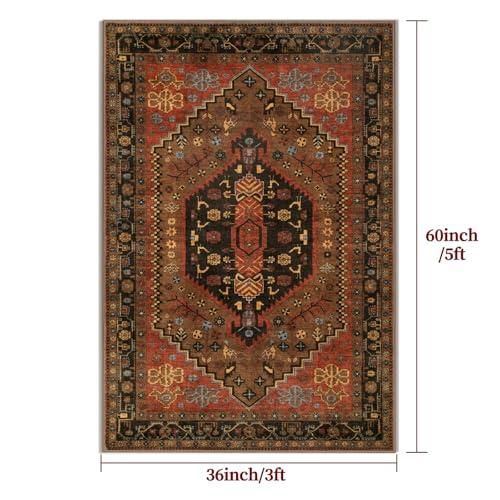 Ciicool 3x5 Area Rug, Washable Red Boho Rugs for Bedroom Non-Slip Indoor Rugs Large Low-Pile Mat Floor Carpet Vintage Rug for Kitchen Living Room Office Dinning Foyer Decor - color: Red/Gold, size: 3' x 5' (Rectangular)