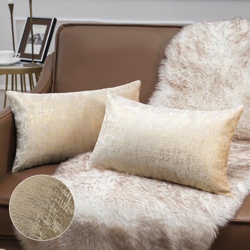 Phantoscope Pack of 2 Sparkling Velvet Decorative Solid Throw Decorative Pillow Cover Soft Gold Glitter Square Cushion Cover Pillowcase for Couch Bed and Chair, Beige, 12 x 20 inches, 30 x 50 cm - color: Beige and Gold, size: 20" x 12" (Pack of 2)