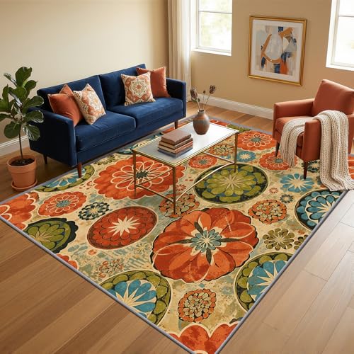 Boho Floral Rugs for Bedroom - Vintage Medallion Floral Rug, 2x3 ft Washable Non-Slip Burnt Orange and Sage Green Area Rug, Rustic Mandala Carpet for Entryway, Retro Bohemian Home Decor & Gifts - color: Burnt Orange Sage Green, size: 2' x 3' (Rectangular)