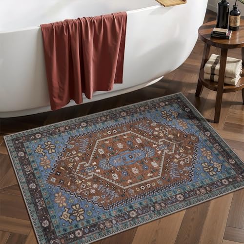 Ciicool Small Area Rug, 2x3ft Boho Rug, Ultra Soft Entry Rugs for Entryway, Non-Slip Washable Rugs Oriental Low-Pile Indoor Mat Floor Carpet for Entrance Bedroom Kitchen Bathroom Foyer Decor - color: Brown/Blue, size: 2' X 3' (Rectangular)