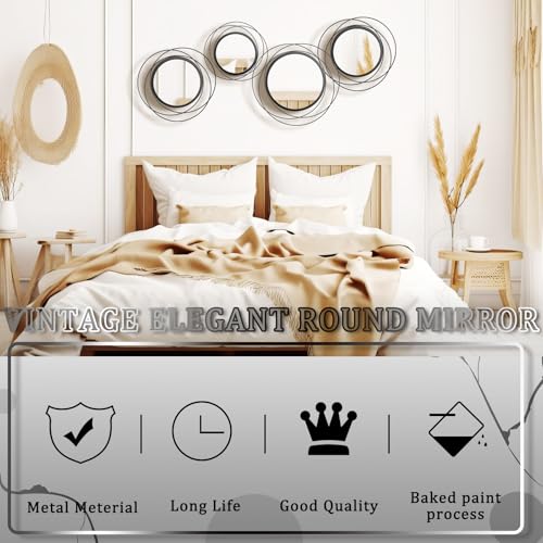 Hicarer 4 Pcs Decorative Round Modern Circle Mirror Wall Art Ring Metal Mirror Wall Mounted for Bedroom, Living Room, Entryway, Dining Room, Hallway (Black) - color: Black