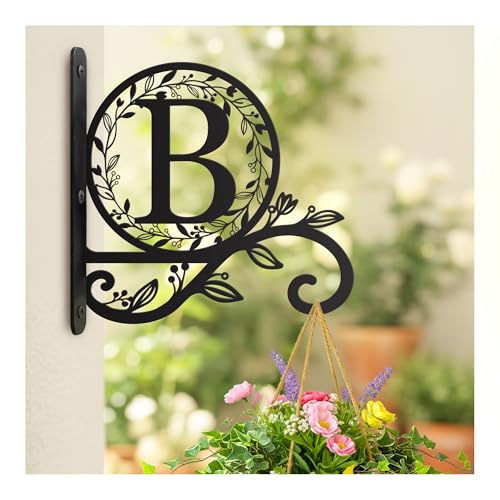 Metal Initial Letter B Plant Hanger Bracket, Decorative Wall Mount Hanging Plant Hook, Monogram Floral Leaf Garden Decor for Hanging Baskets, Bird Feeders, Lanterns, Wind Chimes - style: B