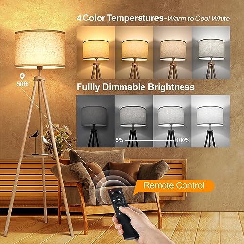 OUTON Tripod Floor Lamp with Shelves, Mid Century Dimmable Wood Floor Lamp with Remote Control, 4 Color Temperatures, Standing Tall Lamp with Linen Shade for Living Room, Bedroom, Office, Oak Hardwood - color: Wood (RGB)