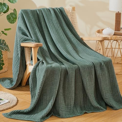 EMME Cotton Muslin Large Throw Blanket Couch Breathable Gauze Soft Lightweight Bed Blankets Adults (Heather Forest Green, 50"x70") - color: 08 - Forest Green, size: Large Throw (50" X 70")