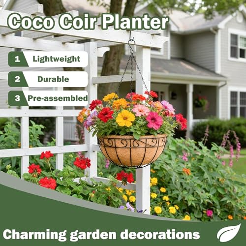 4 Pack 10 Inch Hanging Baskets for Plants Outdoor Metal Hanging Planter Basket with Coco Coir Liner Hanging Flower Baskets Hangings Flower Pots Holder for Garden, Patio(Flower) - size: 10 Inch, style: English