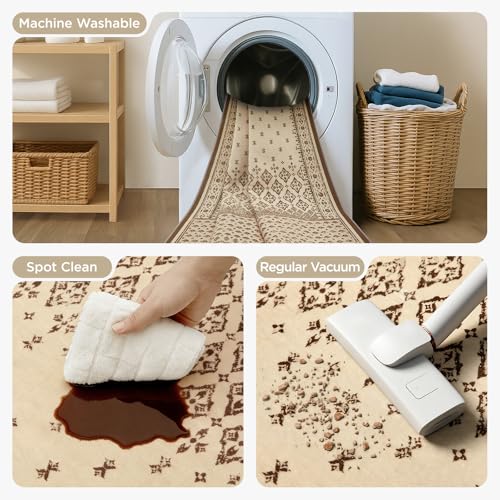 Joydeco Vintage Beige Bedroom Rug, Washable 5x7 Rugs for Living Room Non Slip, Boho Geometric Ultra-Thin Soft Indoor Floor Throw Carpet for Nursery Entryway Bathroom Dorm Foyer - color: Beige, size: 4'11" x 6'11" (Rectangular)