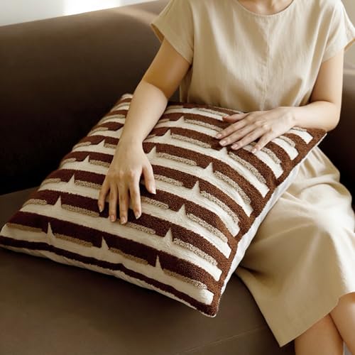 20"x20" Brown Cream Stripe Tufted Pillow Covers Luxury Geometric Accent Pillows Soft Woven Decorative Pillow Cases for Couch, Sofa, Bedroom Décor (Caramel, 20"×20") - color: Caramel, size: 20" x 20" (Pack of 1)