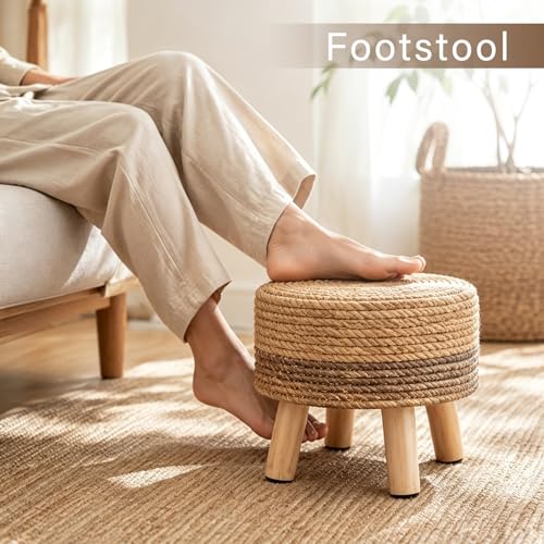 Wimarsbon Round Foot Stool Natural Seagrass Poufs Ottoman Hand Weave Footrest Stool for Couch Desk Extra Seat Step Stool with Solid Wood Legs for Hallway Patio Lounge Brown - color: Brown, size: 13"D x 13"W x 10.6"H