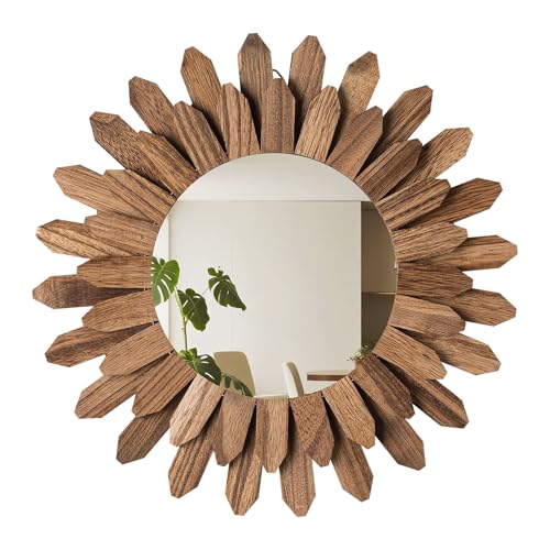 VEVOR Wall Mirror Decorative, 12-inch Rustic Wood Wall Decor Mirror, Boho Sunburst Aesthetic Mirrors for Bedroom Living Room Bathroom Entryway - Warming Gifts for New Home (Carbonized Black)