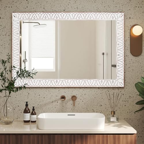 36x24 Inch Farmhouse Rectangle Wall Mirrors with Wooden Frame, Rustic Decorative Rectangular Mirror for Living Room, Bedroom, Bathroom, Entryway - Vertical/Horizontal Hanging - color: I - Rectangular - 24x36 in