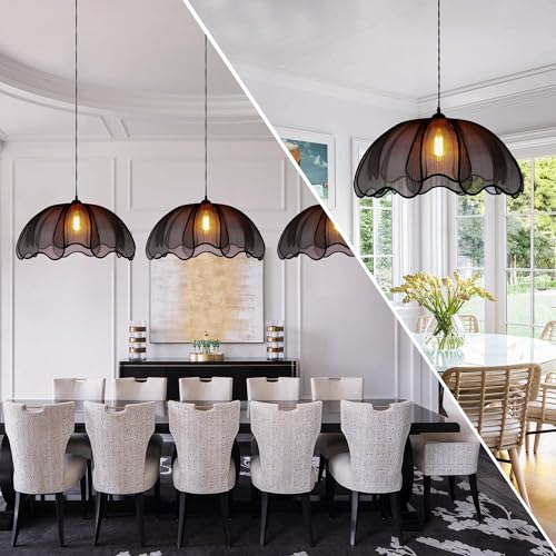 Farmhouse Chandelier Light Fixture, 1-Light Rattan Boho Chandeliers for Dining Room, Hand Woven Pendant Light with Linen Shade, Rustic Hanging Lighting for Kitchen Island, Bedroom