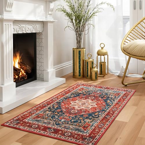 YJ.GWL Area Rug 2x3 Floral Vintage Rugs, Indoor Entrance Door Mat Small Washable Rugs, Non Slip Carpet for Living Room Entryway Kitchen, Orange-Red - color: Orange-red, size: 2' x 3' (Rectangular)